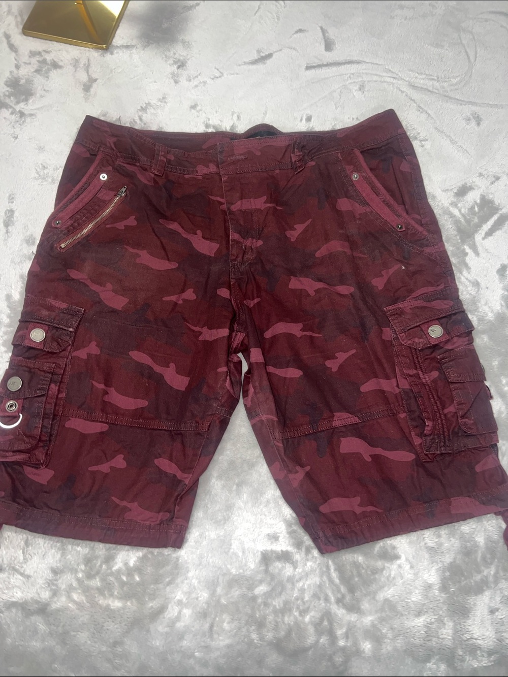 Men's Burgundy Camo Cargo Shorts with Utility Pockets- missing button